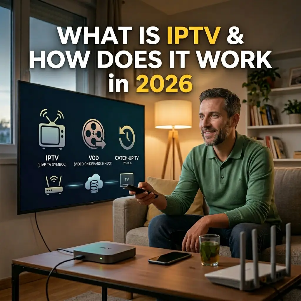 What is IPTV, IPTV explained 2026, how IPTV works, internet protocol television, IPTV vs Cable, IPTV service guide, streaming television 2026, IPTV architecture, legal IPTV, M3U playlist explained, OTT vs IPTV, smart TV streaming, live TV over internet, IPTV protocols, how does IPTV work on smart tv, difference between IPTV and OTT 2026, is IPTV legal in 2026, how to set up IPTV for beginners, IPTV streaming protocols explained, what do I need for IPTV, benefits of internet protocol television, how IPTV delivers live channels, UDP, HLS Protocol, MPEG-DASH, Content Delivery Network (CDN), IP Multicast, Unicast Streaming, Set-top Box (STB), Middleware, Video on Demand (VOD), 5G Streaming, Wi-Fi 7 Networking